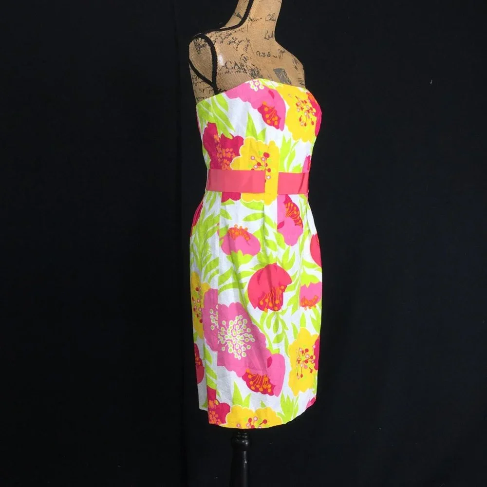 Lilly Pulitzer Dress Size 8 Bold Jumbo Floral Punch Cotton Knee Length Strapless - Picture 2 of 8